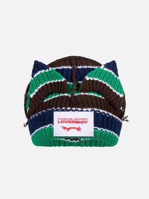 CHUNKY EARS BEANIE in GREEN NAVY BROWN STRIPE