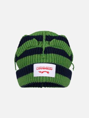 SUPERSIZED CHUNKY EARS BEANIE in GREEN NAVY STRIPE